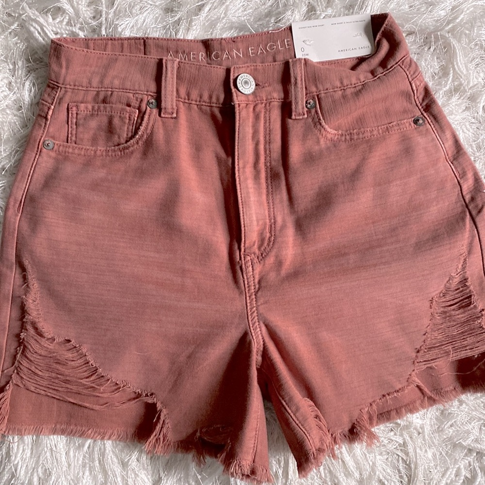 New American Eagle Highest Rise Distressed Raw Hem Mom Denim Cotton Jean Shorts